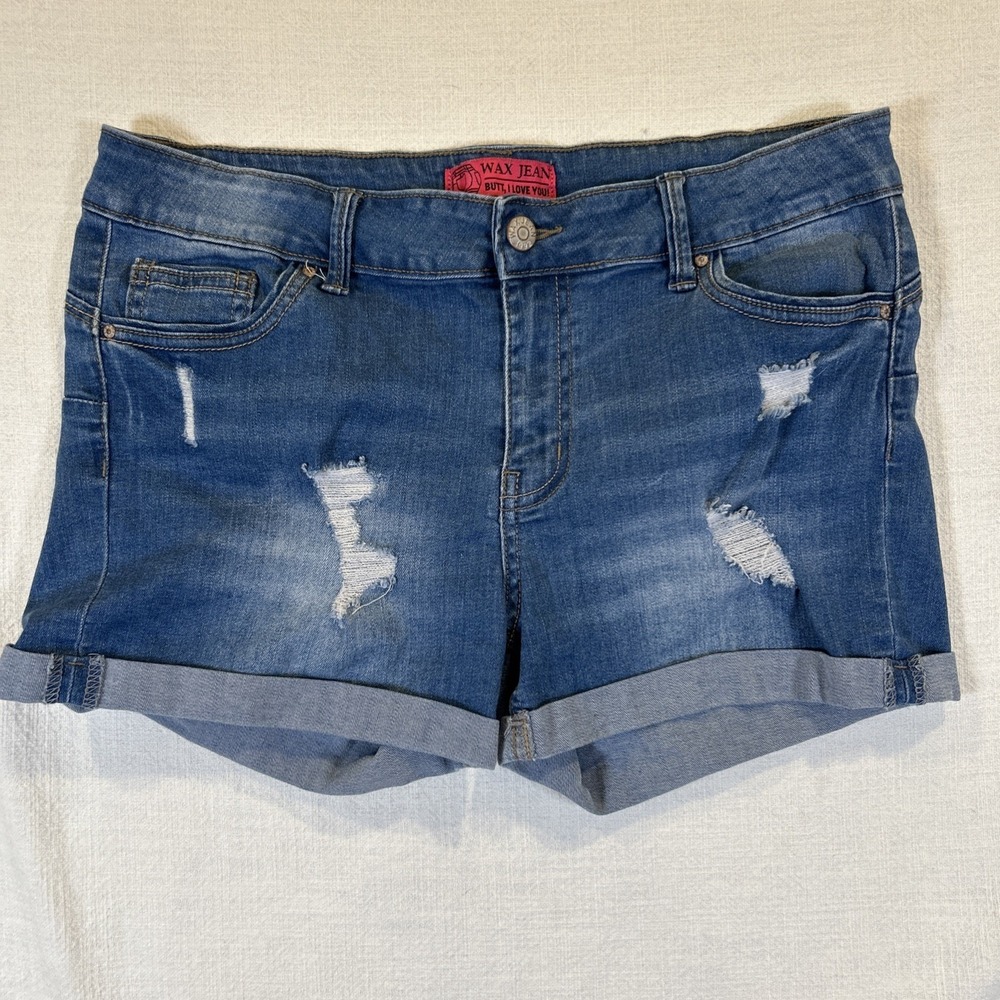 wax jeans but i love you Junior Girls Jean Shorts Stretchy Distressed Cuffed Lg